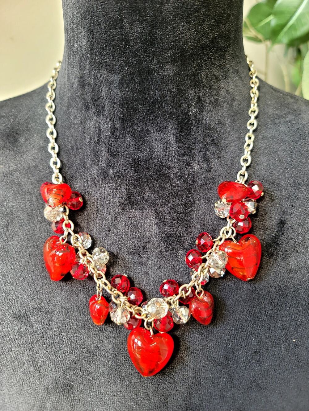 Red Heart Charm Statement Necklace Silver Tone Rhinestone Beaded Fashion Jewelry